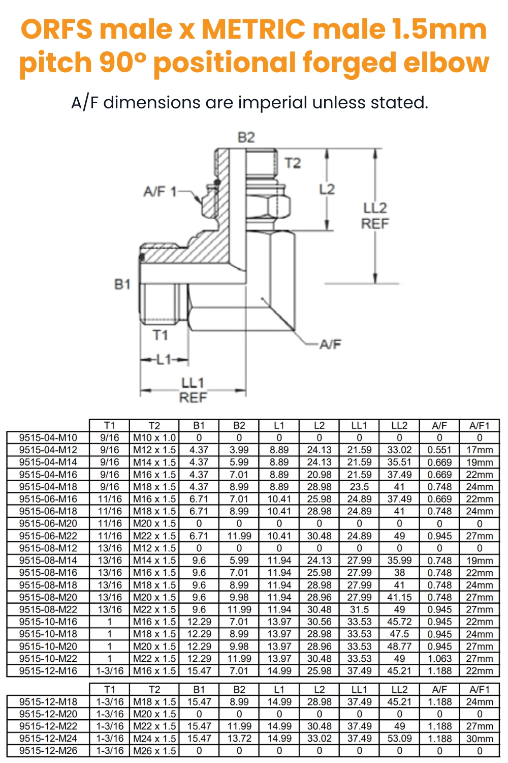 9/16 Orfs x M12 1.5mm Pitch M/M 90° Positional Elbow Hydraulic Adaptor
